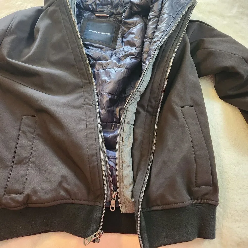 Tommy Hilfiger Men's M Black Hooded Double Layer Bomber Jacket Blue Lining